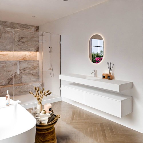 ALAN 180cm mueble de baño Talc 2 cajones. Lavabo suspendido CLOUD Centro 1 orificio color Talc.