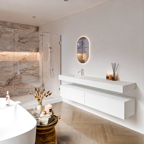 ALAN 190cm mueble de baño Talc 2 cajones. Lavabo suspendido CLOUD Izquierda 1 orificio color Talc.