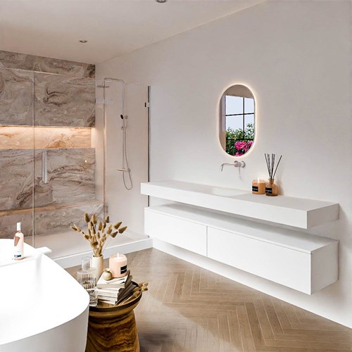 ALAN 200cm mueble de baño Talc 2 cajones. Lavabo suspendido CLOUD Centro sin orificio color Talc.