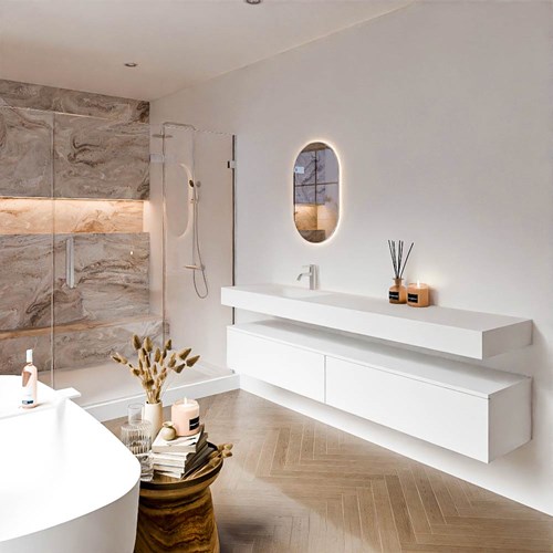 ALAN 200cm mueble de baño Talc 2 cajones. Lavabo suspendido CLOUD Izquierda 1 orificio color Talc.
