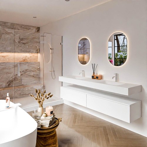 ALAN 200cm mueble de baño Talc 2 cajones. Lavabo suspendido CLOUD Doble 2 orificios color Talc.