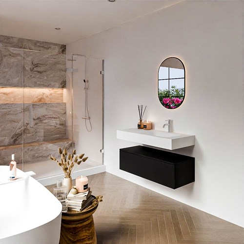 ALAN 100cm mueble de baño Urban 1 cajón. Lavabo suspendido CLOUD Derecho 1 orificio color Talc.