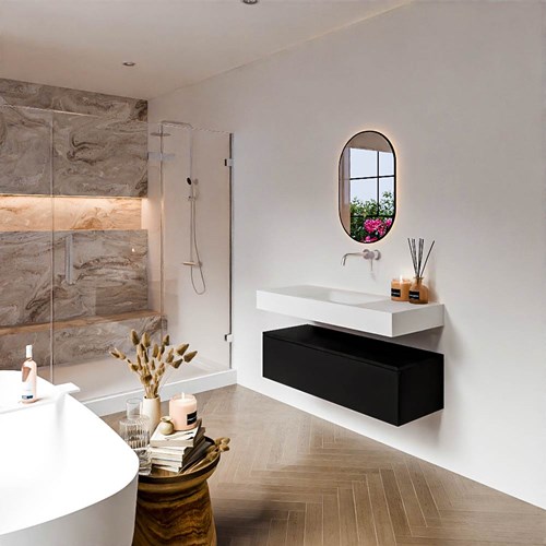 ALAN 110cm mueble de baño Urban 1 cajón. Lavabo suspendido CLOUD Centro sin orificio color Talc.