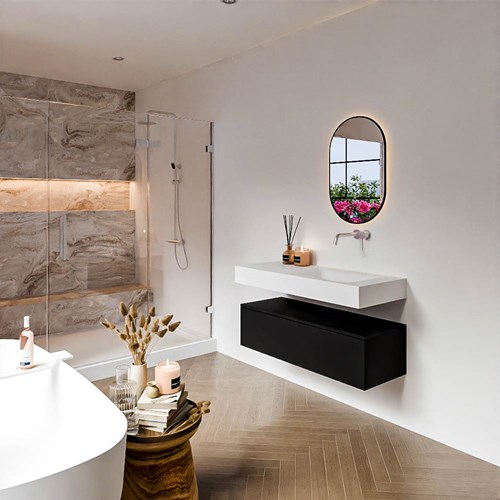 ALAN 110cm mueble de baño Urban 1 cajón. Lavabo suspendido CLOUD Derecho sin orificio color Talc.