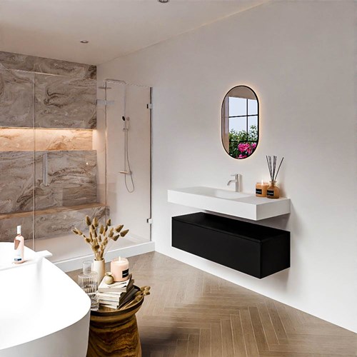 ALAN 110cm mueble de baño Urban 1 cajón. Lavabo suspendido CLOUD Centro 1 orificio color Talc.