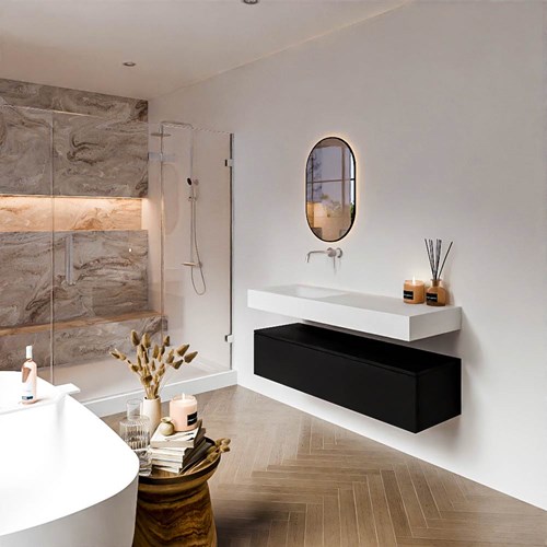 ALAN 130cm mueble de baño Urban 1 cajón. Lavabo suspendido CLOUD Izquierda sin orificio color Talc.