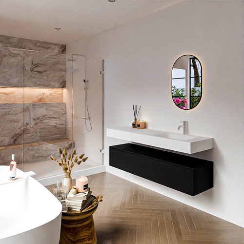 ALAN 150cm mueble de baño Urban 1 cajón. Lavabo suspendido CLOUD Derecho 1 orificio color Talc.
