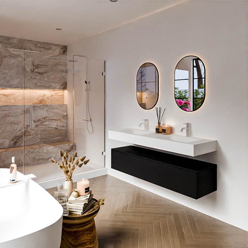 ALAN 150cm mueble de baño Urban 1 cajón. Lavabo suspendido CLOUD Doble 2 orificios color Talc.