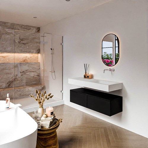 ALAN 120cm mueble de baño Urban 2 cajones. Lavabo suspendido CLOUD Derecho sin orificio color Talc.