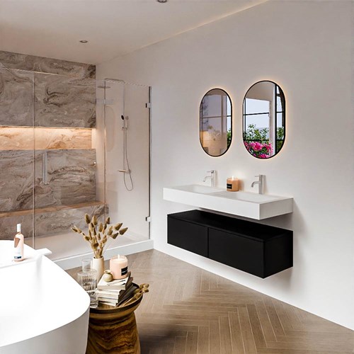 ALAN 120cm mueble de baño Urban 2 cajones. Lavabo suspendido CLOUD Doble 2 orificios color Talc.