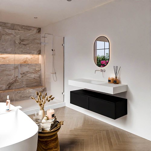 ALAN 130cm mueble de baño Urban 2 cajones. Lavabo suspendido CLOUD Centro sin orificio color Talc.