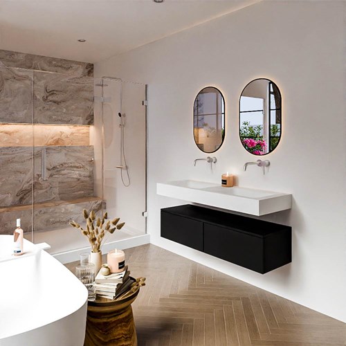 ALAN 130cm mueble de baño Urban 2 cajones. Lavabo suspendido CLOUD Doble sin orificio color Talc.