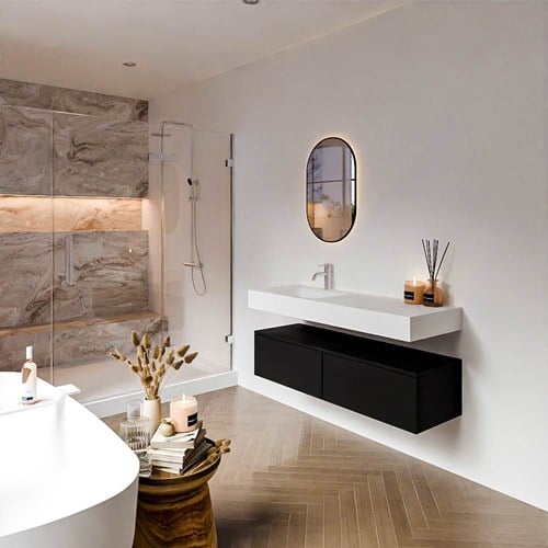 ALAN 130cm mueble de baño Urban 2 cajones. Lavabo suspendido CLOUD Izquierda 1 orificio color Talc.