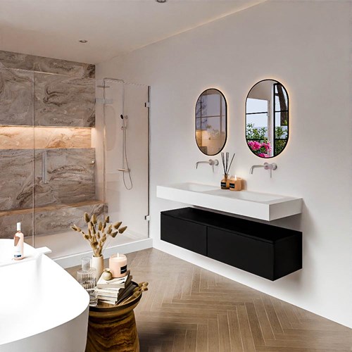 ALAN 140cm mueble de baño Urban 2 cajones. Lavabo suspendido CLOUD Doble sin orificio color Talc.