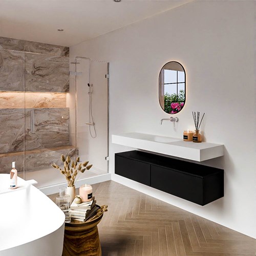 ALAN 150cm mueble de baño Urban 2 cajones. Lavabo suspendido CLOUD Centro sin orificio color Talc.