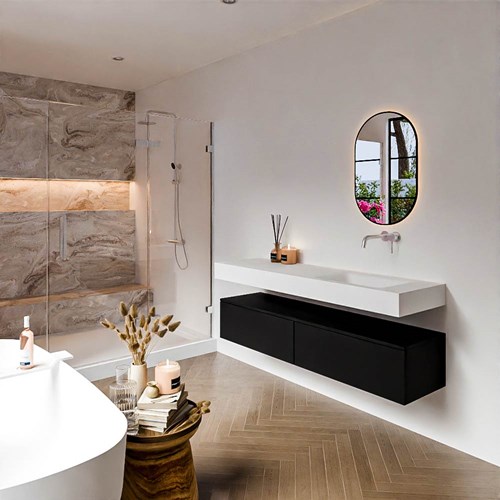 ALAN 160cm mueble de baño Urban 2 cajones. Lavabo suspendido CLOUD Derecho sin orificio color Talc.
