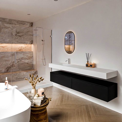 ALAN 200cm mueble de baño Urban 2 cajones. Lavabo suspendido CLOUD Izquierda 1 orificio color Talc.