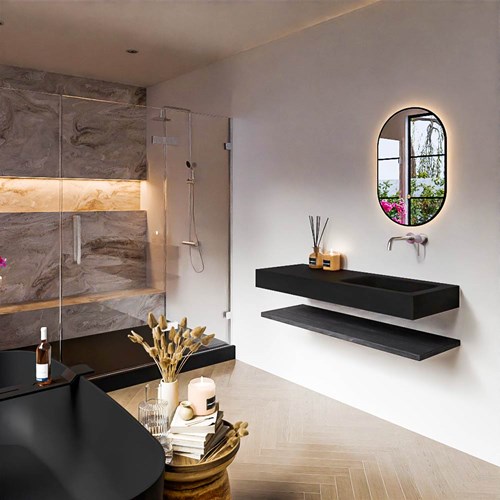 ALAN 120cm badmeubel Melamine planchet Antracite. Vrijhangende wastafel CLOUD Rechts zonder kraangat kleur Urban.
