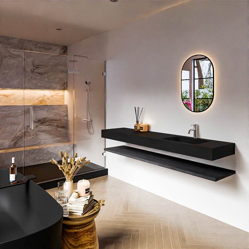 ALAN 190cm bathroom vanity Melamine shelf Antracite. Wall mounted sink CLOUD Right 1 tab hole color Urban.
