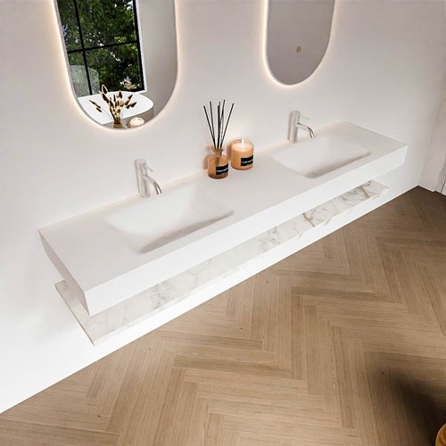 ALAN 190cm badmeubel Melamine planchet Carrara. Vrijhangende wastafel CLOUD Dubbel 2 kraangaten kleur Talc.-2