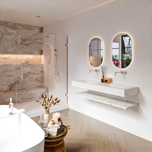 ALAN 140cm bathroom vanity Melamine shelf Carrara. Wall mounted sink CLOUD Double without tab hole color Talc.