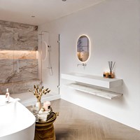 ALAN 150cm badmeubel Melamine planchet Carrara. Vrijhangende wastafel CLOUD Links zonder kraangat kleur Talc.