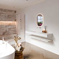 ALAN 160cm badmeubel Melamine planchet Carrara. Vrijhangende wastafel CLOUD Midden zonder kraangat kleur Talc.