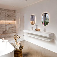 ALAN 190cm badmeubel Melamine planchet Carrara. Vrijhangende wastafel CLOUD Dubbel 2 kraangaten kleur Talc.