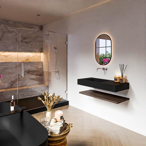 ALAN 100cm badmeubel Melamine planchet Dark Brown. Vrijhangende wastafel CLOUD Links zonder kraangat kleur Urban.