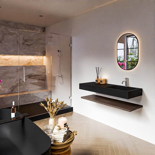 ALAN 120cm meuble de salle de bain Melamine tablette Dark Brown. Lavabo suspendu CLOUD Droite 1 foro per rubinetto couleur Urban.
