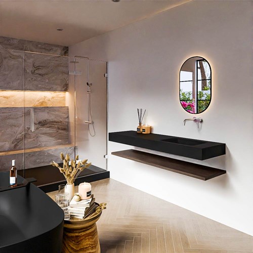 ALAN 160cm mueble de baño Melamine estante Dark Brown. Lavabo suspendido CLOUD Derecho sin orificio color Urban.