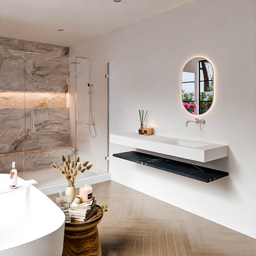 ALAN 160cm mueble de baño Melamine estante Marquina. Lavabo suspendido CLOUD Derecho sin orificio color Talc.