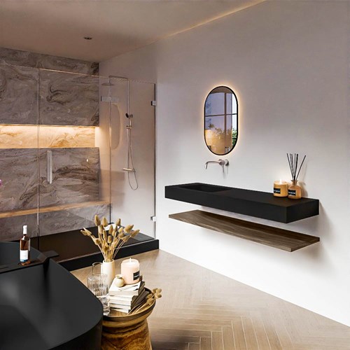 ALAN 140cm meuble de salle de bain Melamine tablette Mocha. Lavabo suspendu CLOUD Gauche senza foro per il rubinetto couleur Urban.