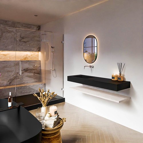ALAN 140cm meuble de salle de bain Melamine tablette Underlayment. Lavabo suspendu CLOUD Gauche senza foro per il rubinetto couleur Urban.
