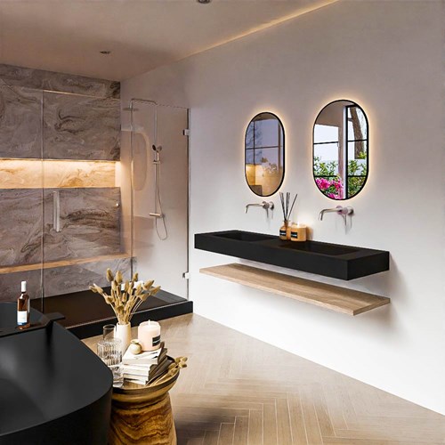 ALAN 150cm mueble de baño Melamine estante Washed Oak. Lavabo suspendido CLOUD Doble sin orificio color Urban.