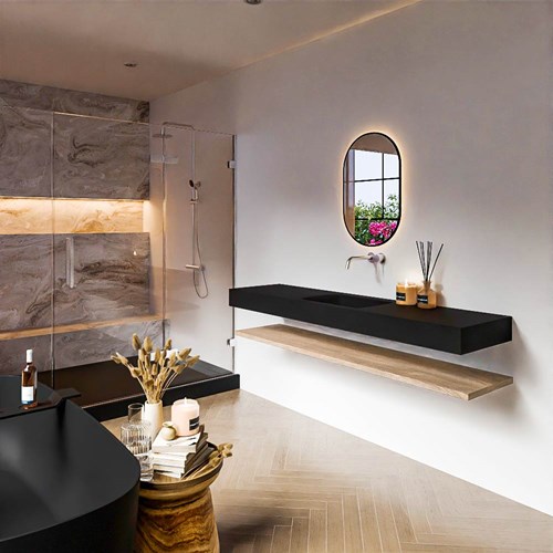 ALAN 180cm bathroom vanity Melamine shelf Washed Oak. Wall mounted sink CLOUD Center without tab hole color Urban.