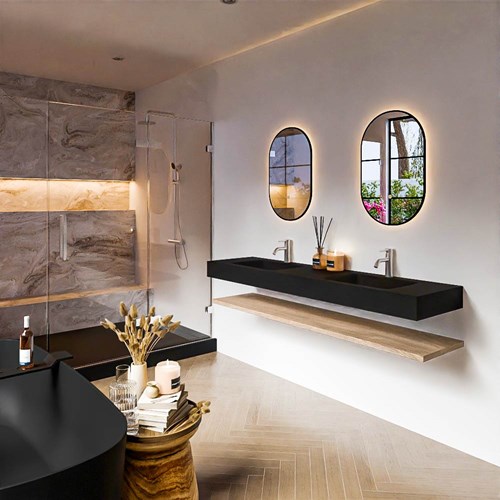 ALAN 180cm mobili da bagno Melamine mensola Washed Oak. Lavabo sospeso CLOUD Doppio 2 fori del rubinetto colore Urban.