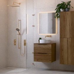 PROYECT 60cm meubles de salle de bains Chai avec 2 tiroirs. Lavabo RONDA Céramique Centrée sans trou pour robinet Blanco brillo.
