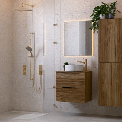 PROYECT 60cm badmöbel Chai mit 2 schubladen. Einbauwaschbecken RONDA Keramik Mittig 1 hahnloch Glänzendes Weiß.