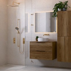 PROYECT 80cm meubles de salle de bains Chai avec 2 tiroirs. Lavabo RONDA Céramique Centrée sans trou pour robinet Blanco brillo.