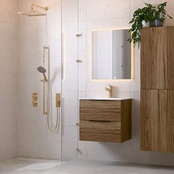 PROYECT 60cm bathroom vanity unit Chai with 2 drawers. Vanity top solid surface Center 1 tab hole Talc.