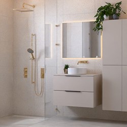 PROYECT 80cm meubles de salle de bains Linen avec 2 tiroirs. Lavabo RONDA Céramique Centrée sans trou pour robinet Blanco brillo.