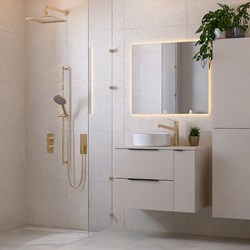 PROYECT 80cm meubles de salle de bains avec Module à droite Linen avec 2 tiroirs. Lavabo RONDA Céramique Gauche 1 trou pour robinetter Blanco brillo.