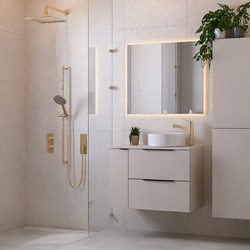 PROYECT 80cm meubles de salle de bains avec Module à gauche Linen avec 2 tiroirs. Lavabo RONDA Céramique Droite 1 trou pour robinetter Blanco brillo.