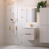 PROYECT 60cm bathroom vanity unit Linen with 2 drawers. Vanity top solid surface Center 1 tab hole Talc.