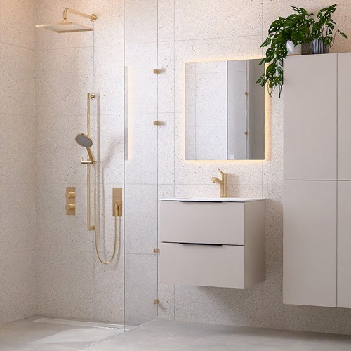 PROYECT 60cm meubles de salle de bains Linen avec 2 tiroirs. Lavabo solid surface Centrée 1 trou pour robinetter Talc.