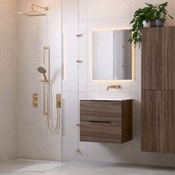 PROYECT 60cm bathroom vanity unit Mocha with 2 drawers. Vanity top solid surface Center without tab hole Talc.