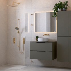 PROYECT 80cm meubles de salle de bains Smoke avec 2 tiroirs. Lavabo RONDA Céramique Centrée sans trou pour robinet Blanco brillo.