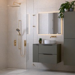 PROYECT 80cm meubles de salle de bains avec Module à gauche Smoke avec 2 tiroirs. Lavabo RONDA Céramique Droite sans trou pour robinet Blanco brillo.