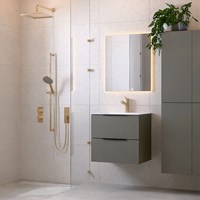 PROYECT 60cm bathroom vanity unit Smoke with 2 drawers. Vanity top solid surface Center 1 tab hole Talc.